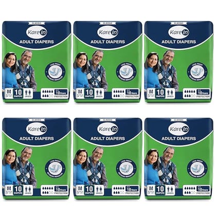 KareIn Classic Adult Diapers, Medium, Waist Size 76-114 Cm (30"-45"), 60 Count, Tape Style, Unisex, High Absorbency, Leak Proof, Wetness Indicator