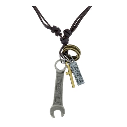 Rusty Wrench Cross Vintage Dog Tag Oxidised Leather Pendant Chain