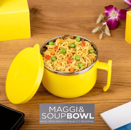 forral Multipurpose Stainless Steel Maggie & Soup Bowl- Noodle Bowl with Airtight Lid, Handle, Spoon Holder with Spoon & Fork for Tableware Pasta, Soup, Food Container Mug for Kitchen, Picnic