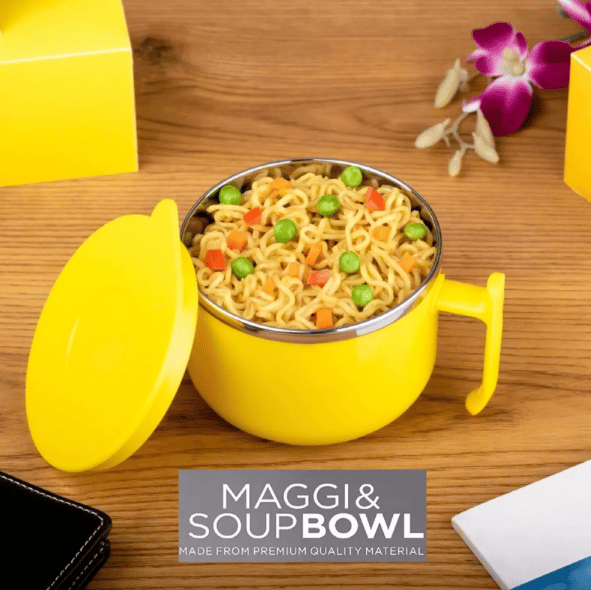 forral Multipurpose Stainless Steel Maggie & Soup Bowl- Noodle Bowl with Airtight Lid, Handle, Spoon Holder with Spoon & Fork for Tableware Pasta, Soup, Food Container Mug for Kitchen, Picnic