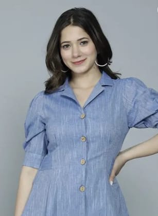 Casual Puff Sleeves Self Design Women Blue Top Light Blue (Size XXL)