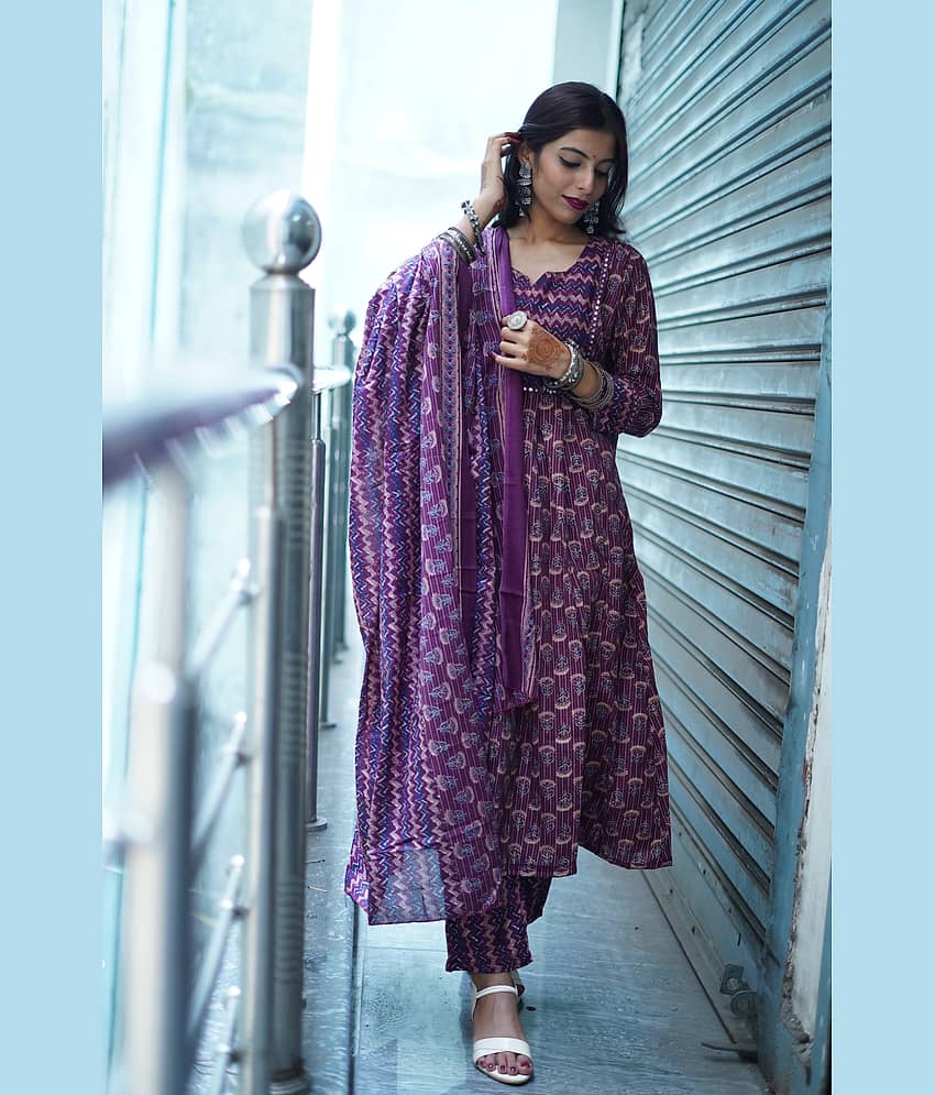 Rajnandini Women Cotton Blend Printed A-line Kurti With Pants ( Wine )