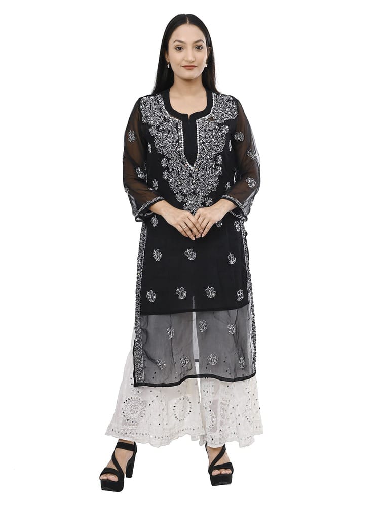 MRS RIGHT CHIKANKARI MIRROR EMBROIDERED KURTI SHARARA SET FOR WOMEN AND GIRLS