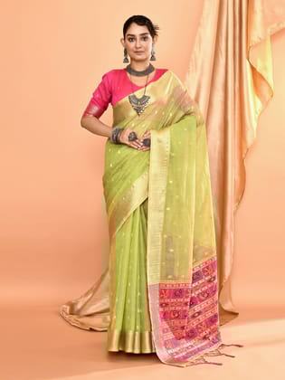 Dusty Green Pure Linen Silk Ikat Butti Zari Weaving Saree