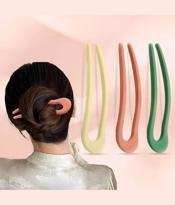 Lykaa U-Shaped Hair Fork Pins for Women & Girls | Matte Finish Bun Sticks Juda Pin | Durable Plastic Hair Accessories for Daily & Casual Wear-3Pcs, Multicolour