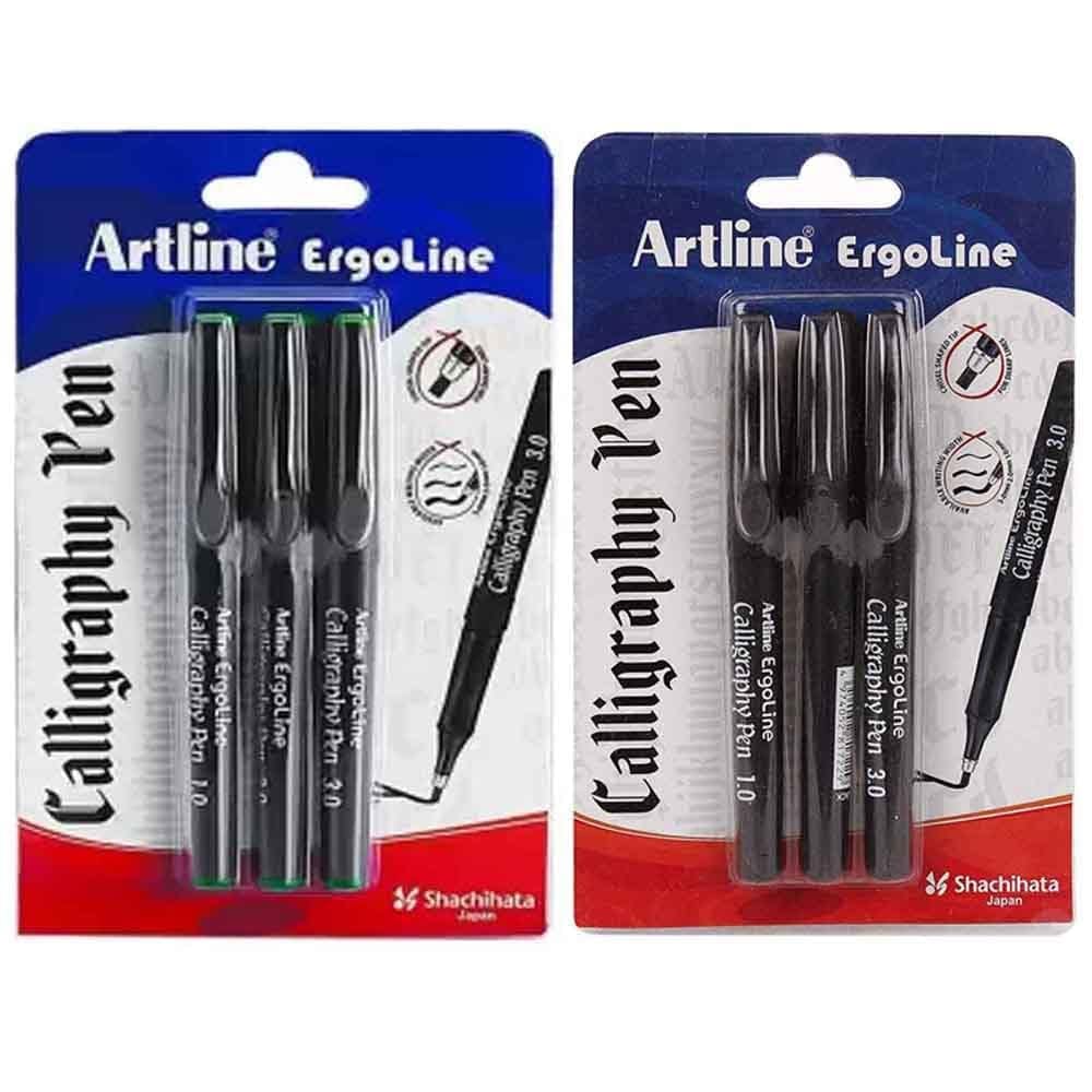 Artline Calligraphy Pens Set of 3 in Black and Green | Elegant Handwriting for Cards, Sketching, Lettering & Music | Special Rounded & Triangular Grip