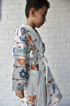 Kids HandBlock Premium Waffle Cotton Bathrobe Sparrow Pattern Large (6-8 years)
