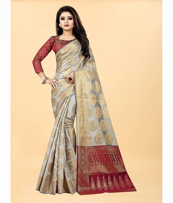 Gazal Fashions Banarasi Silk Embellished Saree With Unstitched Blouse Piece ( Cream )