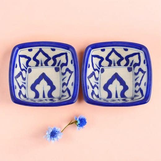 Set of 2 Blue Pottery Bowls Geometric PatternBlue4