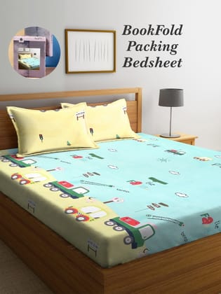 Bookfold Sea Green & Yellow Conversational 300 TC King Bedsheet & 2 Pillow Covers