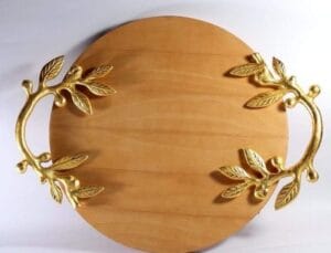Handicraft Exim Round Wooden Serving Tray | Gold Leaf Handles | Elegant Table Decor