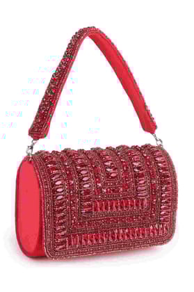 Red Suede Beaded Stone Work Flap Bag