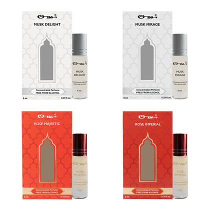 OSSA MUSK DELIGHT & MIRAGE, ROSE MAJESTIC & IMPERIAL CONCENTRATED PERFUMES (PACK OF 4)