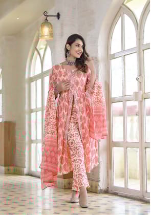 Pink & Cream Front Open Print Kurta Pant Set With Dupatta-M