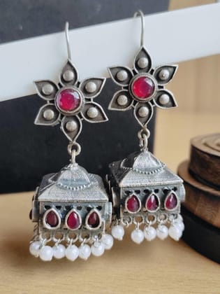 Silver Flower Hook Earrings with Jhumka, Pearls, and Stones | Sarichka-Red