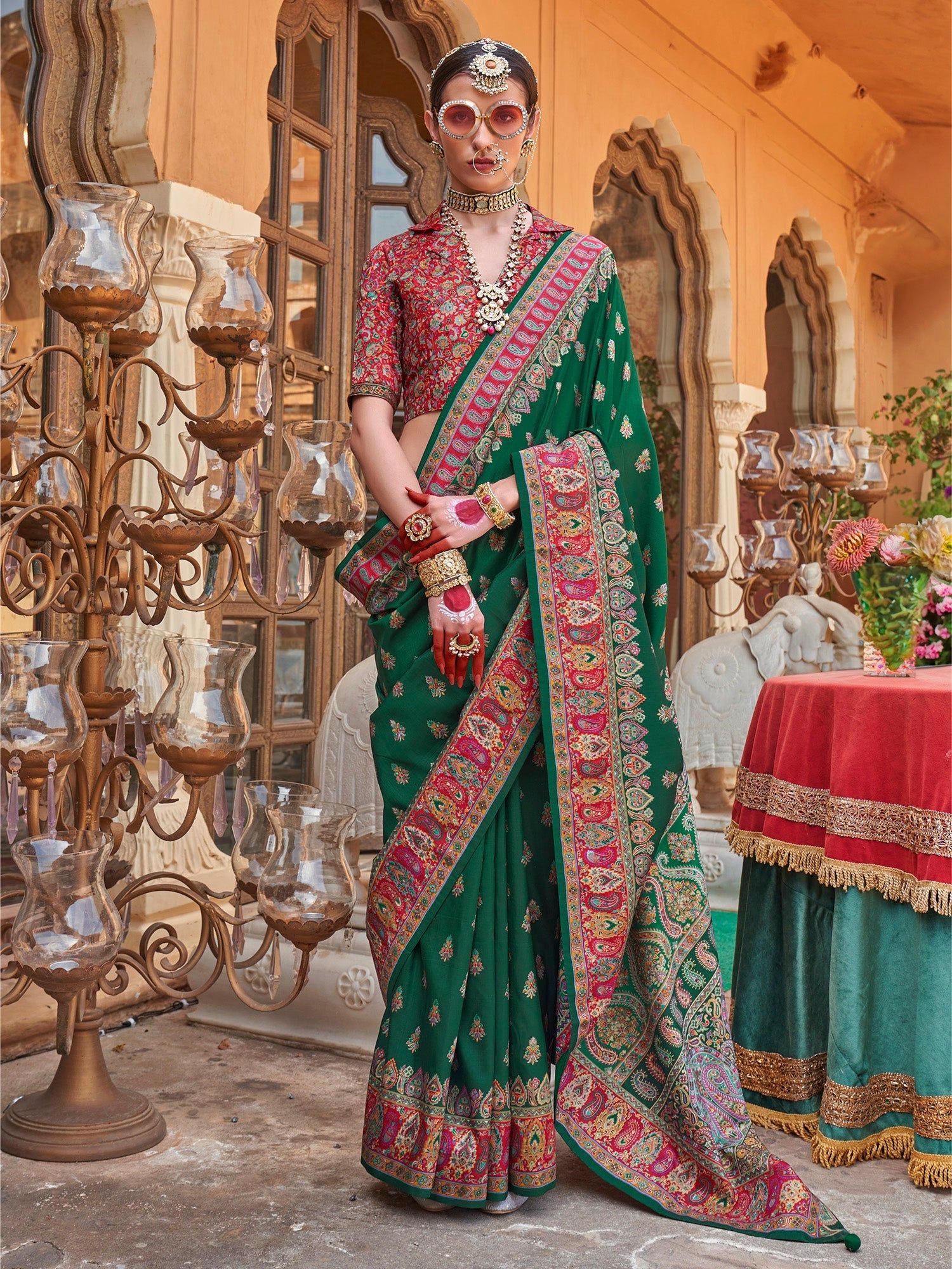 Dark Green Soft Silk Butta & Pashmina Printed Saree
