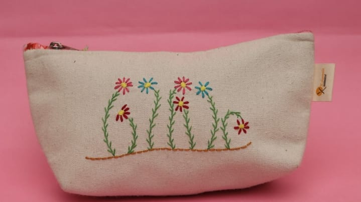 Cosmetic Pouch   Canvas, Jute and Denim with Ikat, Kalamkari and Embroidery