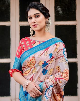 Beige and Red Tussar Silk Saree with Divine Motifs and Floral Zari Border-Regular