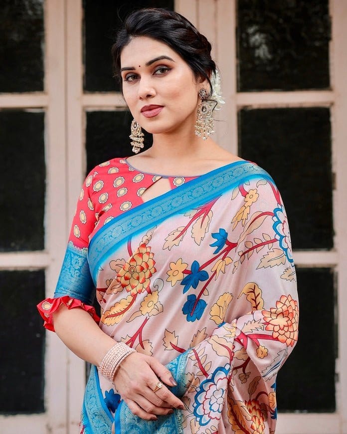 Beige and Red Tussar Silk Saree with Divine Motifs and Floral Zari Border-Regular