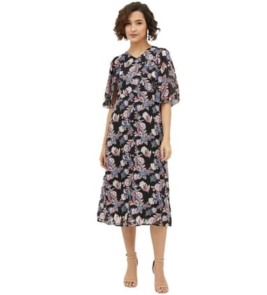 Women's Polyester Chain Print Cap Sleeve Calf-Length Dress (Multicolor, M)-PID55799 Women's Polyester Chain Print Cap Sleeve Calf-Length Dress (Multicolor, M)-PID55799