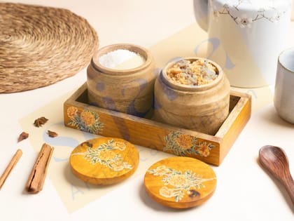Srjana Handcrafted Wooden Jar Pair with Tray