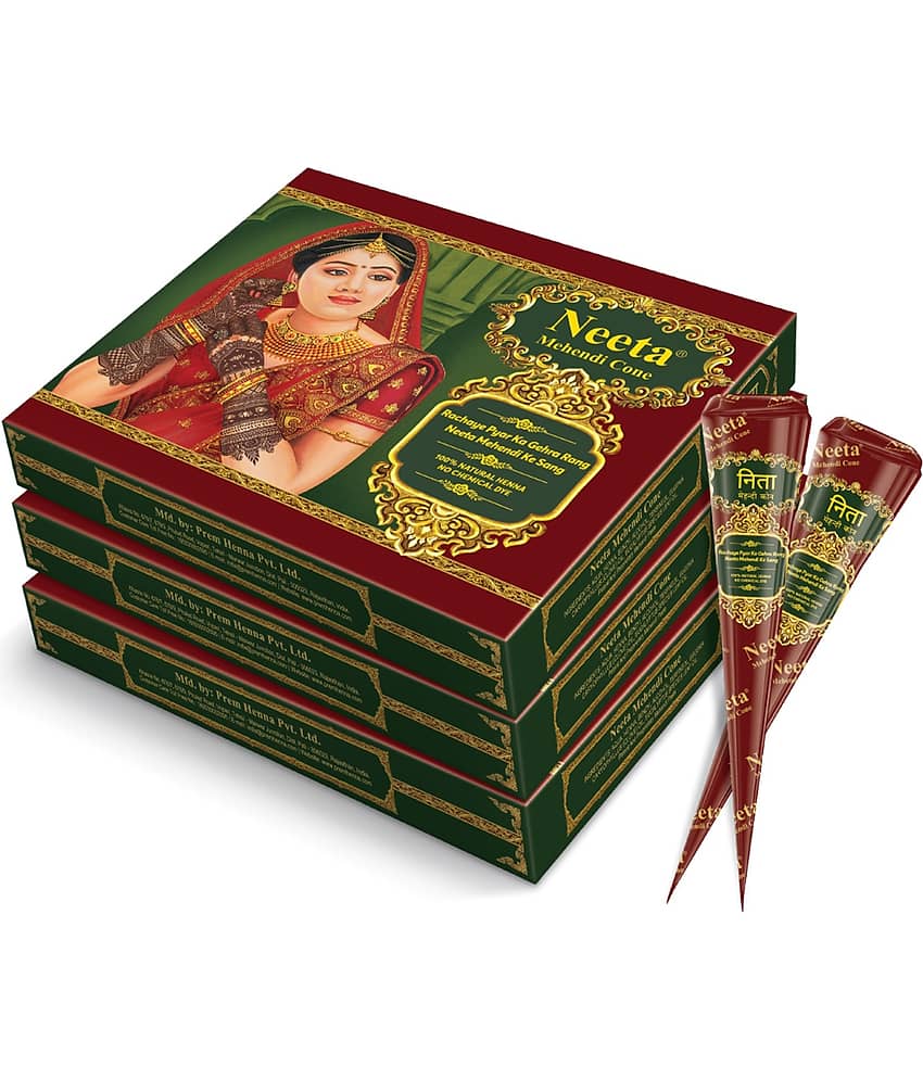 Neeta Mehendi Cones for Hand Desgning & Wedding, Bridal Mehandi Cone Reddish Brown Color 12 Pcs in 1 Box (Pack of 3)