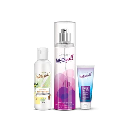 Layer'r Wottagirl Body Splash Secret Crush 135ml | Moisturizing Body Lotion 100ml & Face Wash 50ml Combo for Women
