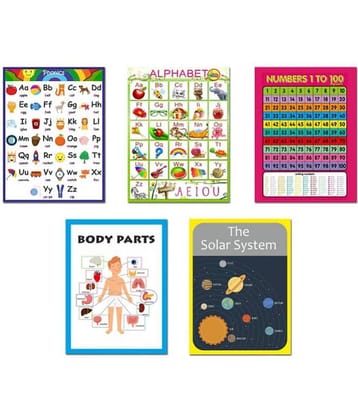 Photojaanic Educational Posters Set of 5 - Hindi Varanmaala Chart, English Alphabet Chart, Body Parts Chart for Kids, Solar Wall Poster for Kids Learning