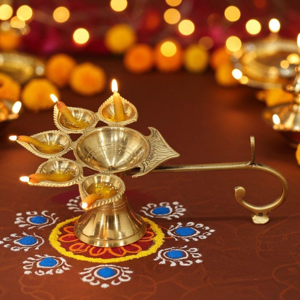 Brass Table Decor Oil Lamp Deepak 5 Wicks  - Elegant Brass Diya for Aarti, Height : 2.8 Inch (FMAS317 C)