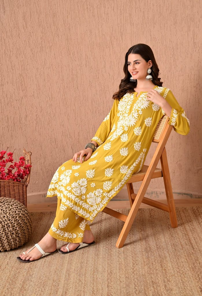 Hand Embroidered Chikankari Plazo Set with 3d Work-Mango yellow