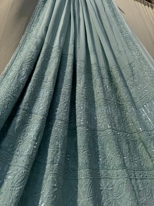 Viscose Green Chikankari saree with Pearl embellishments-Green