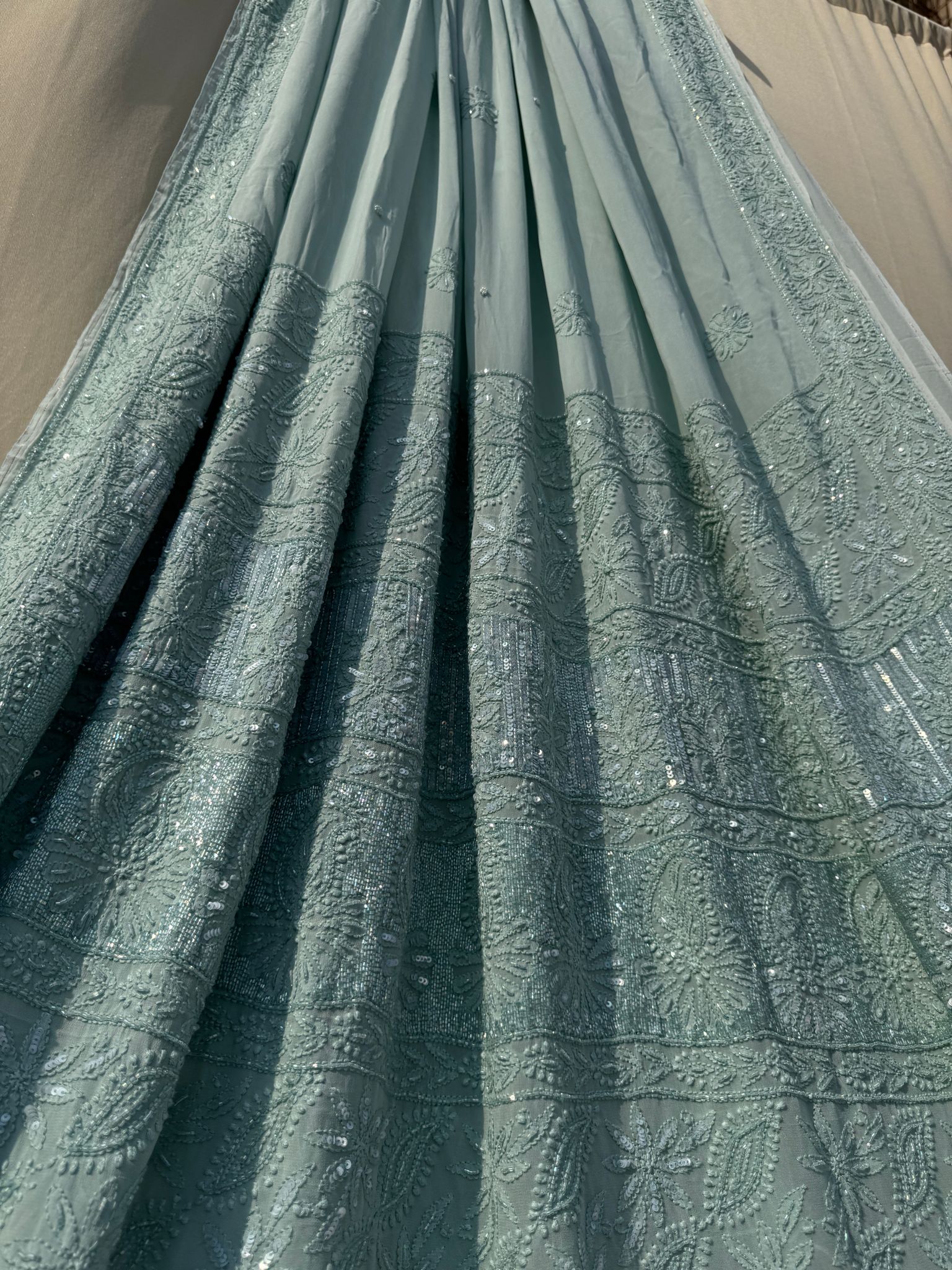 Viscose Green Chikankari saree with Pearl embellishments-Green