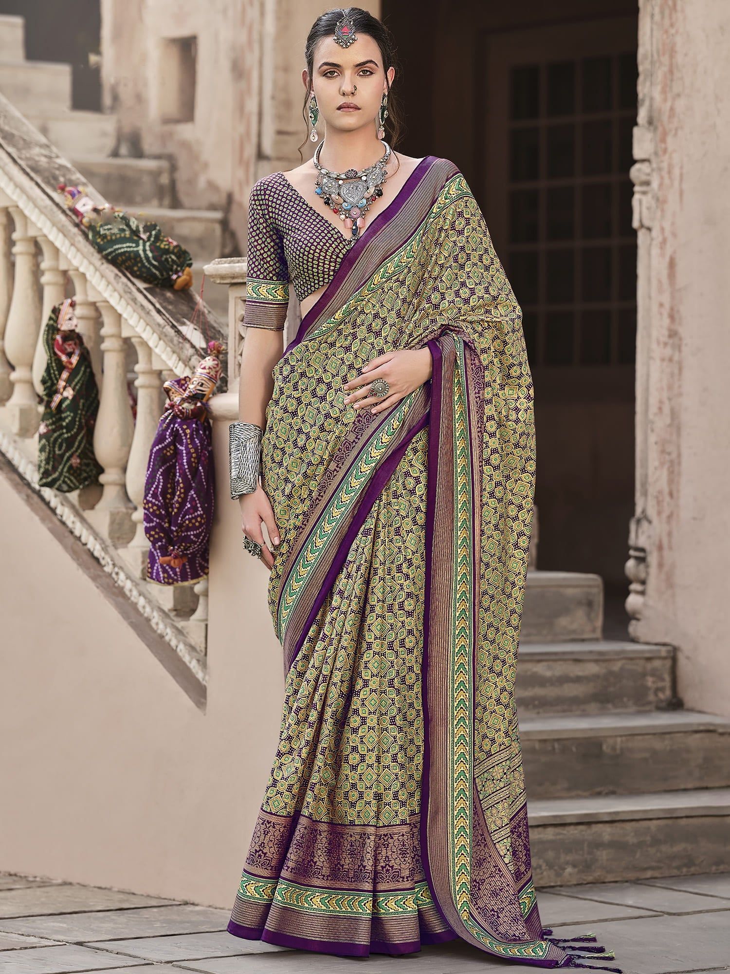 Yellow Pure Crepe Printed Patola Designer Saree