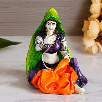 Polyresin Rajasthani Women Statue Stitching Clothes Handcrafted Human Figurine Decorative Showpiece