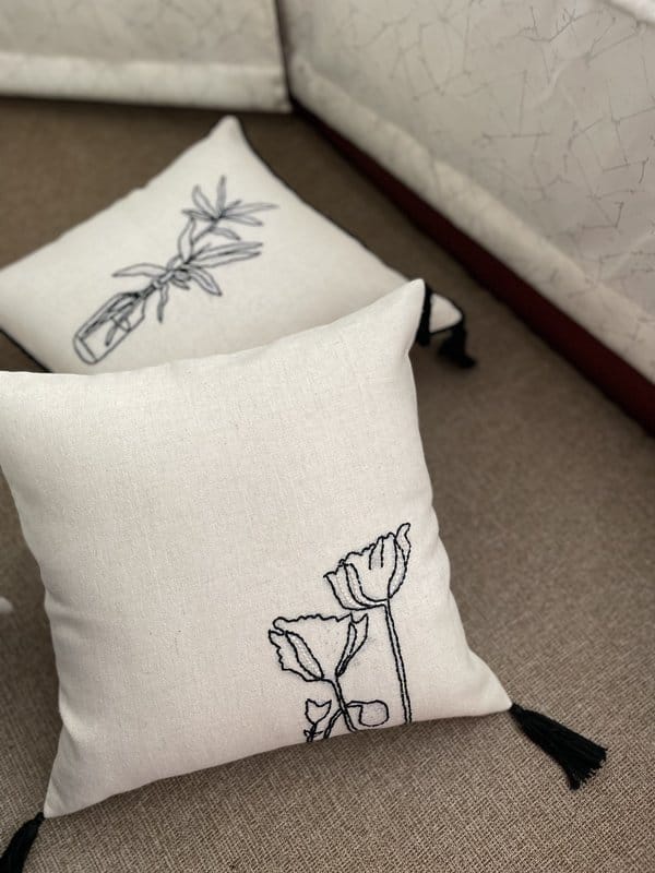 KRI India Lined Tulips Cushion cover 16x16" | White & Black | Wash & Care | 100% Cotton | Handcrafted in India. 100% organic & natural.
