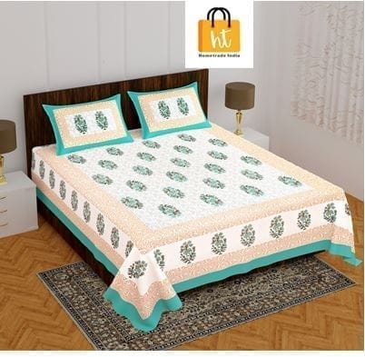 The Bedsheet Adda Standard Queen Size Pure Cotton Jaipuri Printed Economic Double Bedsheet with Two Pillow Covers- ARTICLE-1014