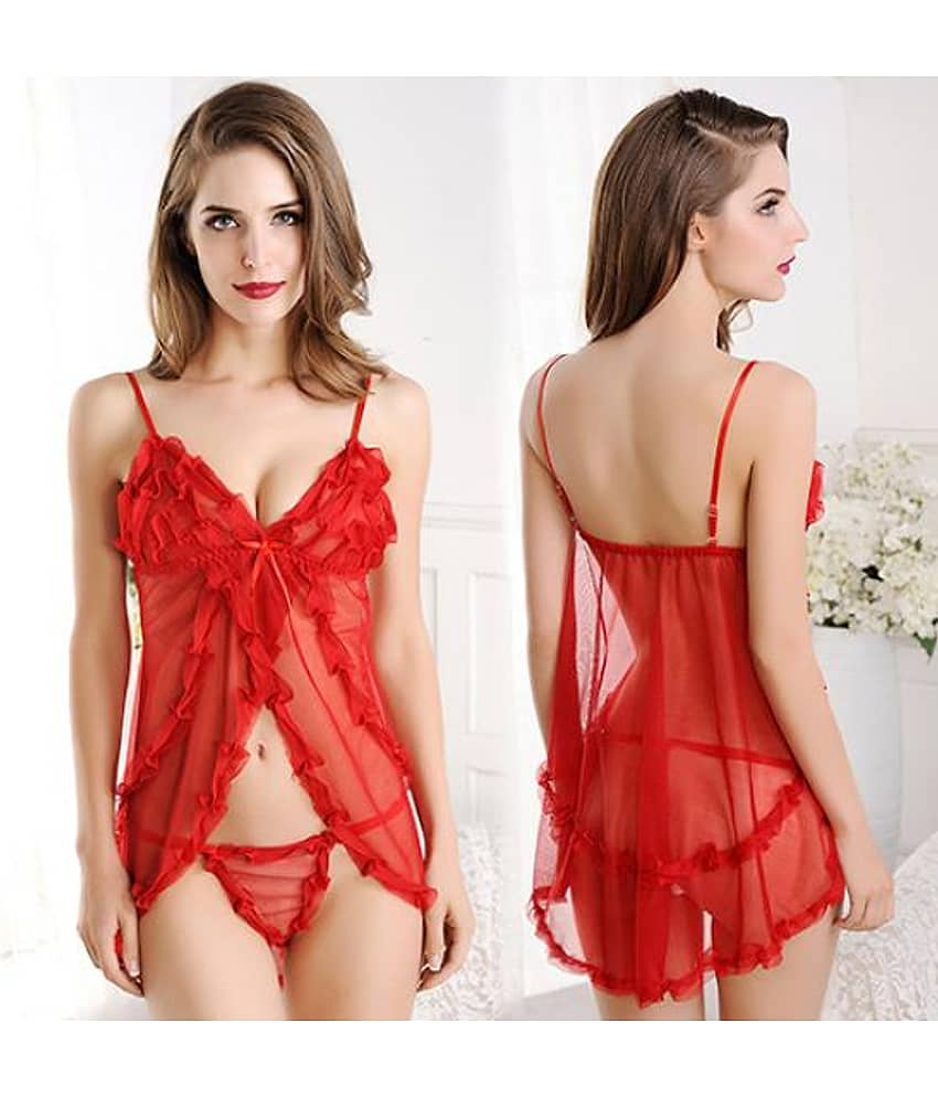 Celosia Net Baby Doll Dresses With Panty - Red Single