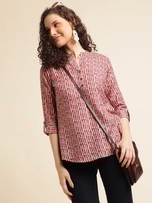 Magenta Red Printed Straight Cotton Blend Top-XS