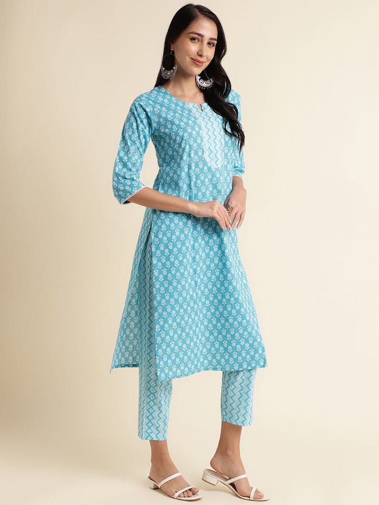 Women's Sky Blue Floral Block Print Cotton Kurta Set