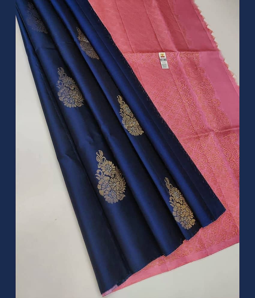 fab woven Art Silk Woven Kanjeevaram Sarees With Unstitched Blouse Piece ( Navy Blue )