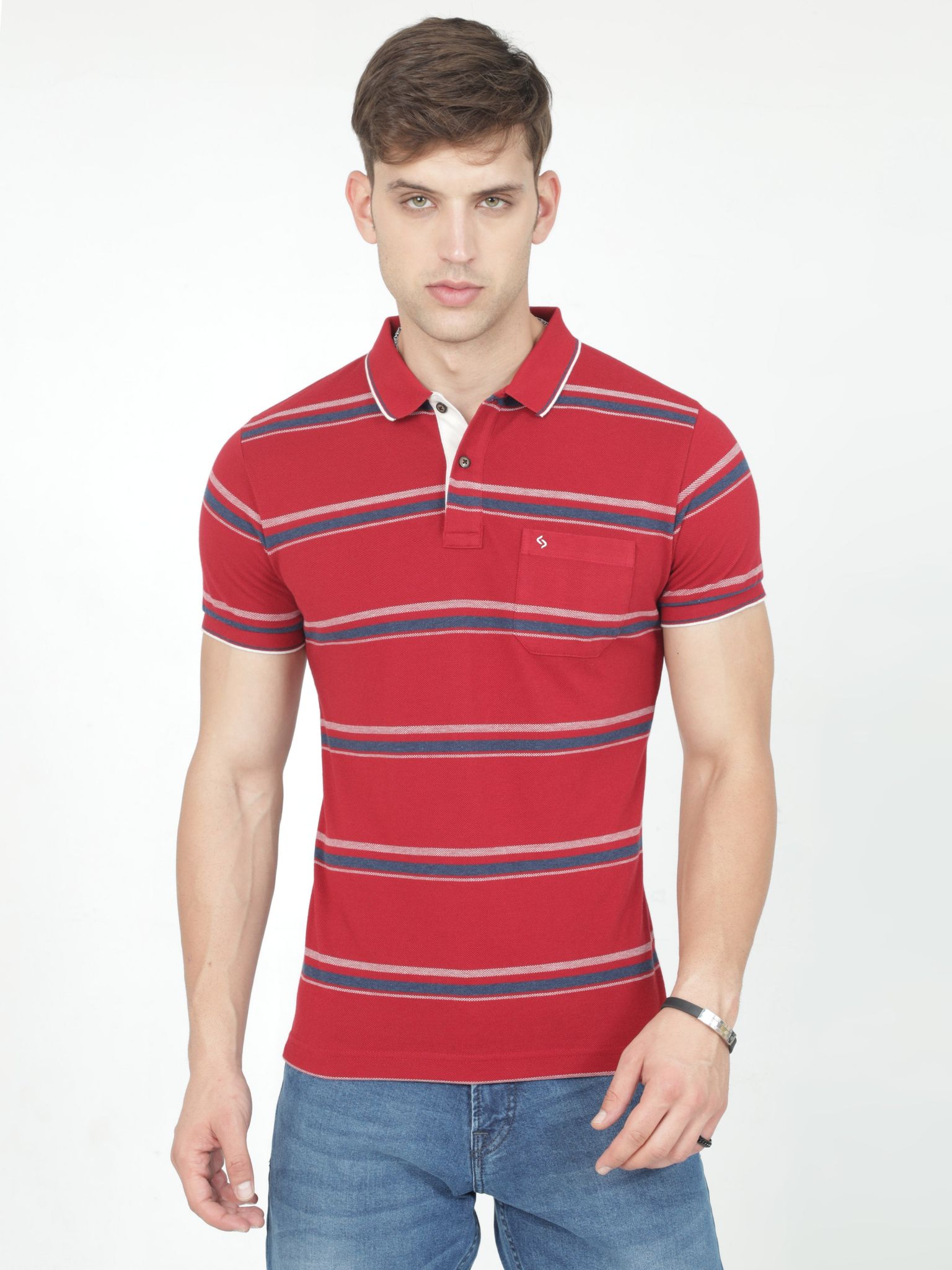 Classic Polo Mens Casual Red Striped Cotton T-Shirt | F-ADORE - 107 A SF P