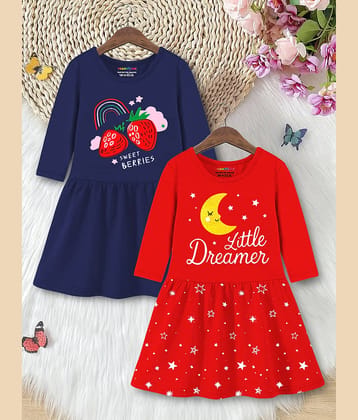 Trampoline Cotton Blend Dress For Girls ( Pack of 2 , Blue & Red )