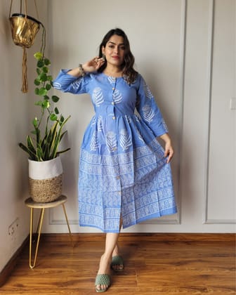 Nazakat Blockprinted Cotton Light Blue Long Dress-36 (S)