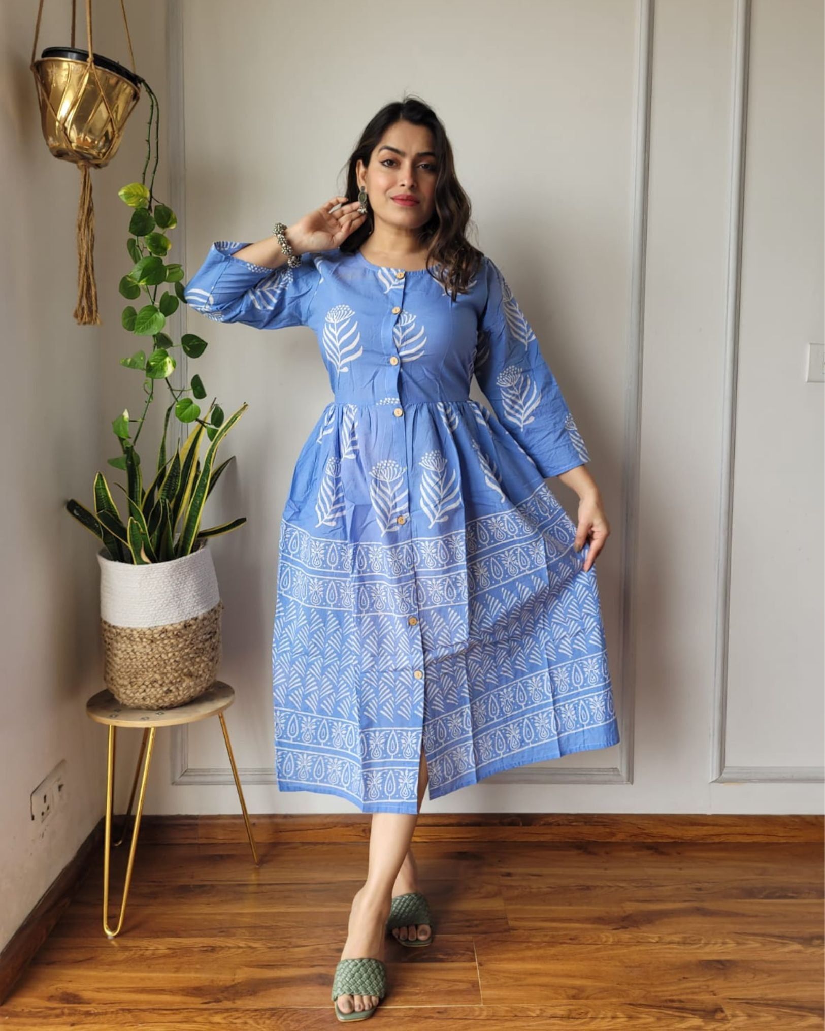 Nazakat Blockprinted Cotton Light Blue Long Dress-36 (S)