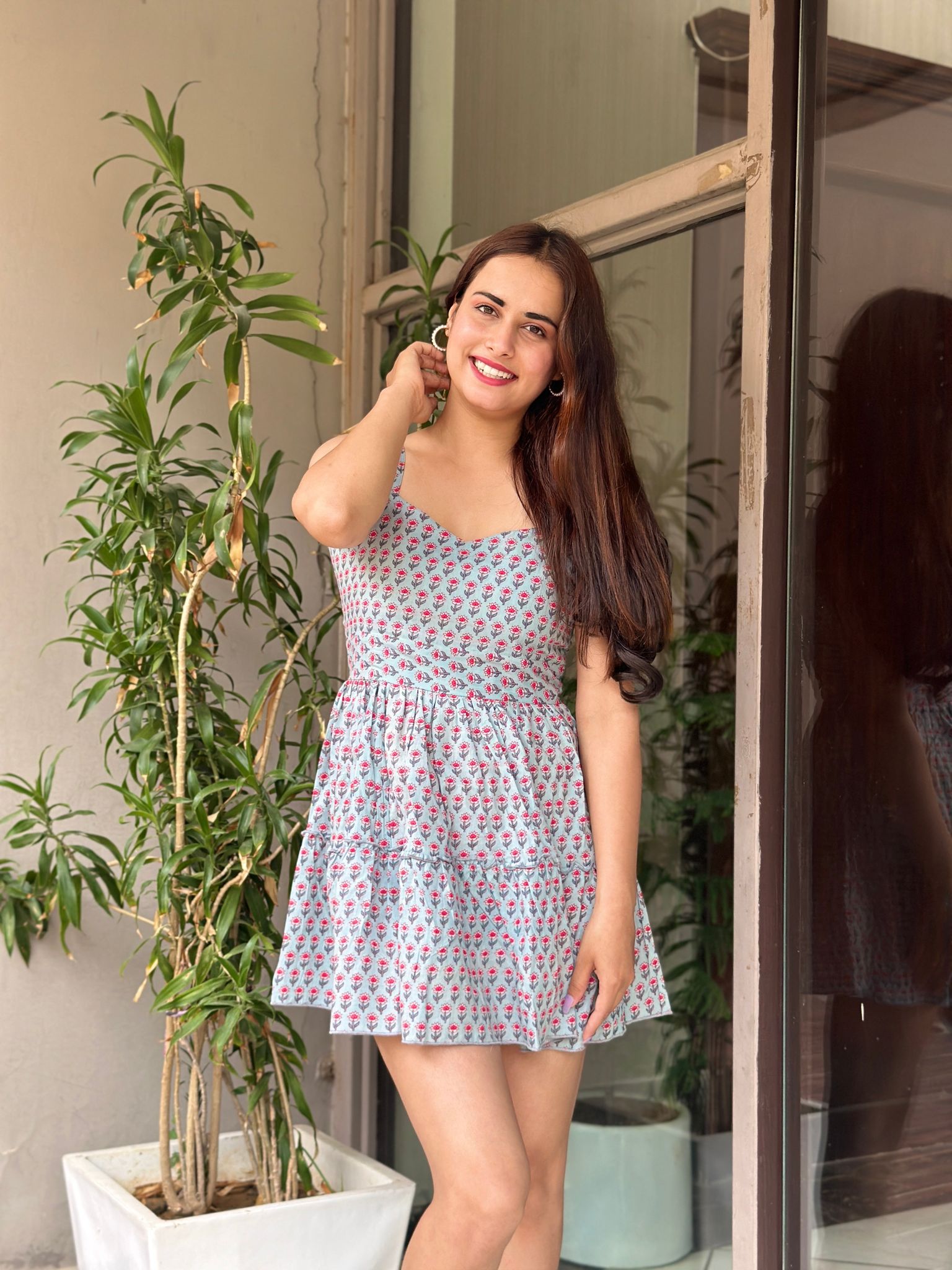Blue Floral Skater Dress-L / Cotton