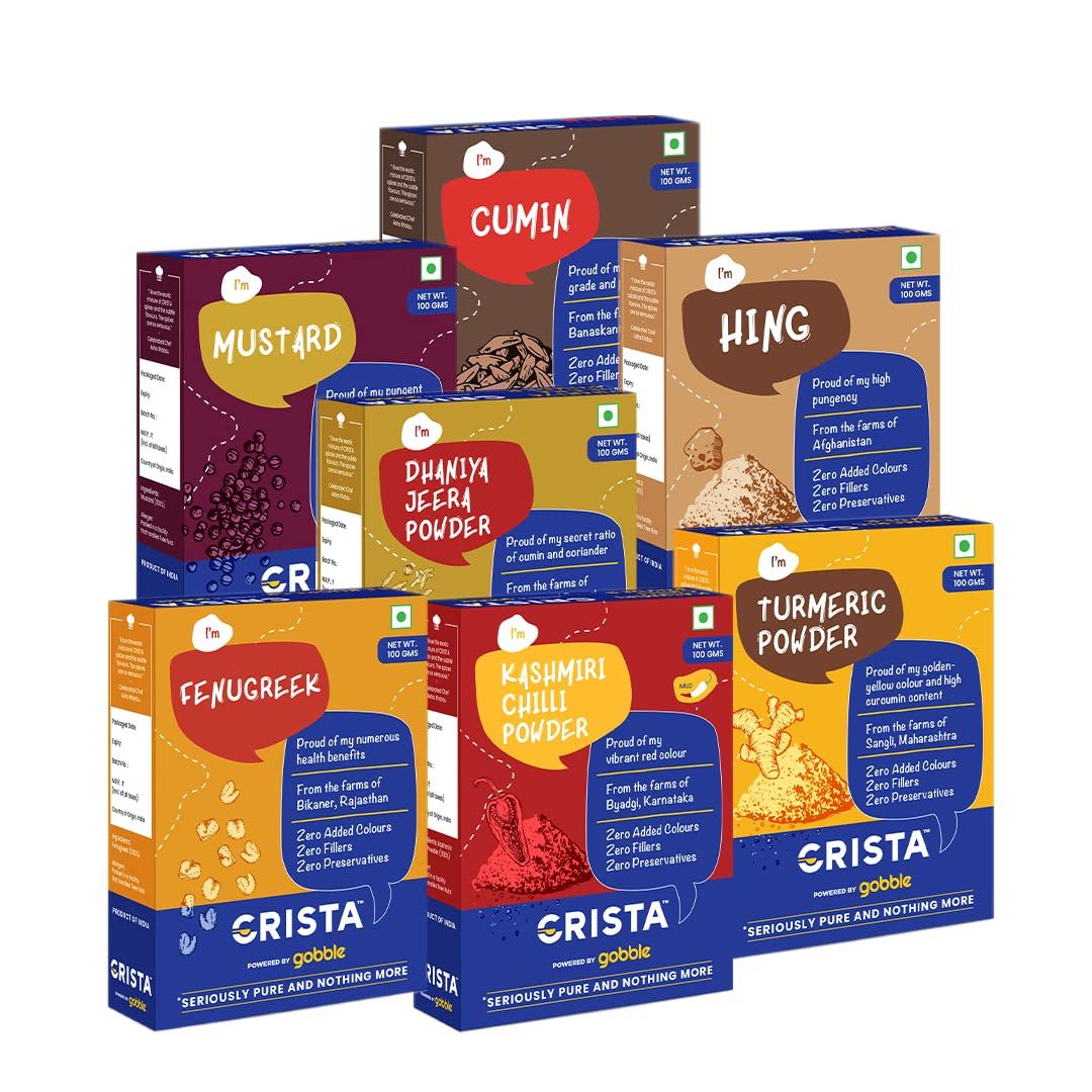 CRISTA Masala Dabba (Spice Box) Combo (Mustard 100 gm, Cumin 100 gm, Fenugreek 100 gm, Turmeric Powder 100 gm, Dhaniya Jeera Powder 100 gm, Hing 100 gm & Kashmiri Chilli Powder 100 gm) - Pack of 7