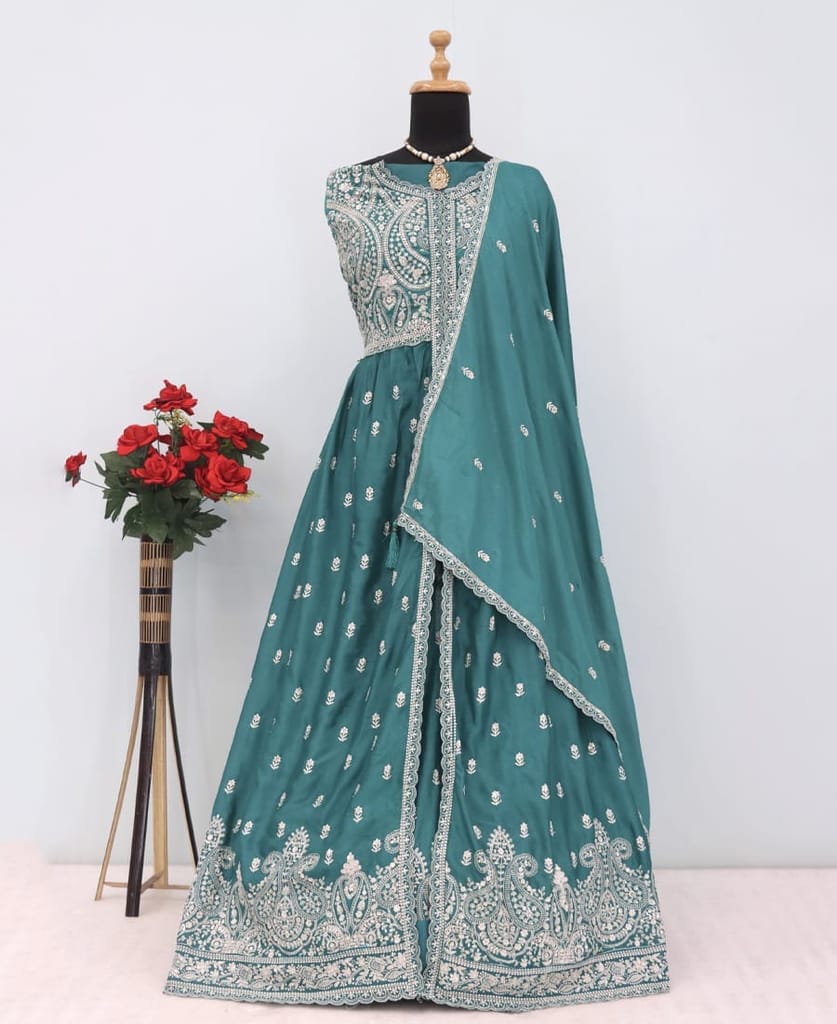 traditional front slit green chinon anarkali set for women