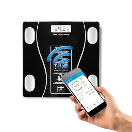 Digital Body Fat Scale with Bluetooth App, Smart BMI Scale, 180kg Max Capacity, Black Glass, LCD Display