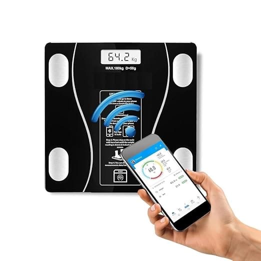 Digital Body Fat Scale with Bluetooth App, Smart BMI Scale, 180kg Max Capacity, Black Glass, LCD Display