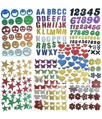 Eclet Glitter Foam Self Adhesive Alphabets; Butterflies; Stars; Numeric; Hearts; Flowers and Smiley Mix Stickers for Art and Craft (Multicolour; Medium) -Set of 7 Sheets